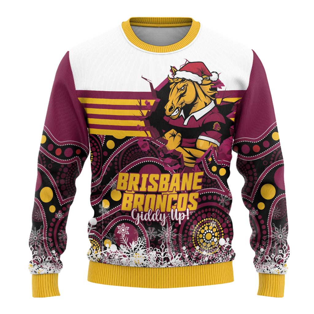 Custom Broncos Rugby Christmas Ugly Christmas Sweater Brisbane Giddy Up Aboriginal Art - Aussie Hoodie