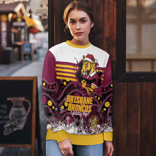 Custom Broncos Rugby Christmas Ugly Christmas Sweater Brisbane Giddy Up Aboriginal Art - Aussie Hoodie
