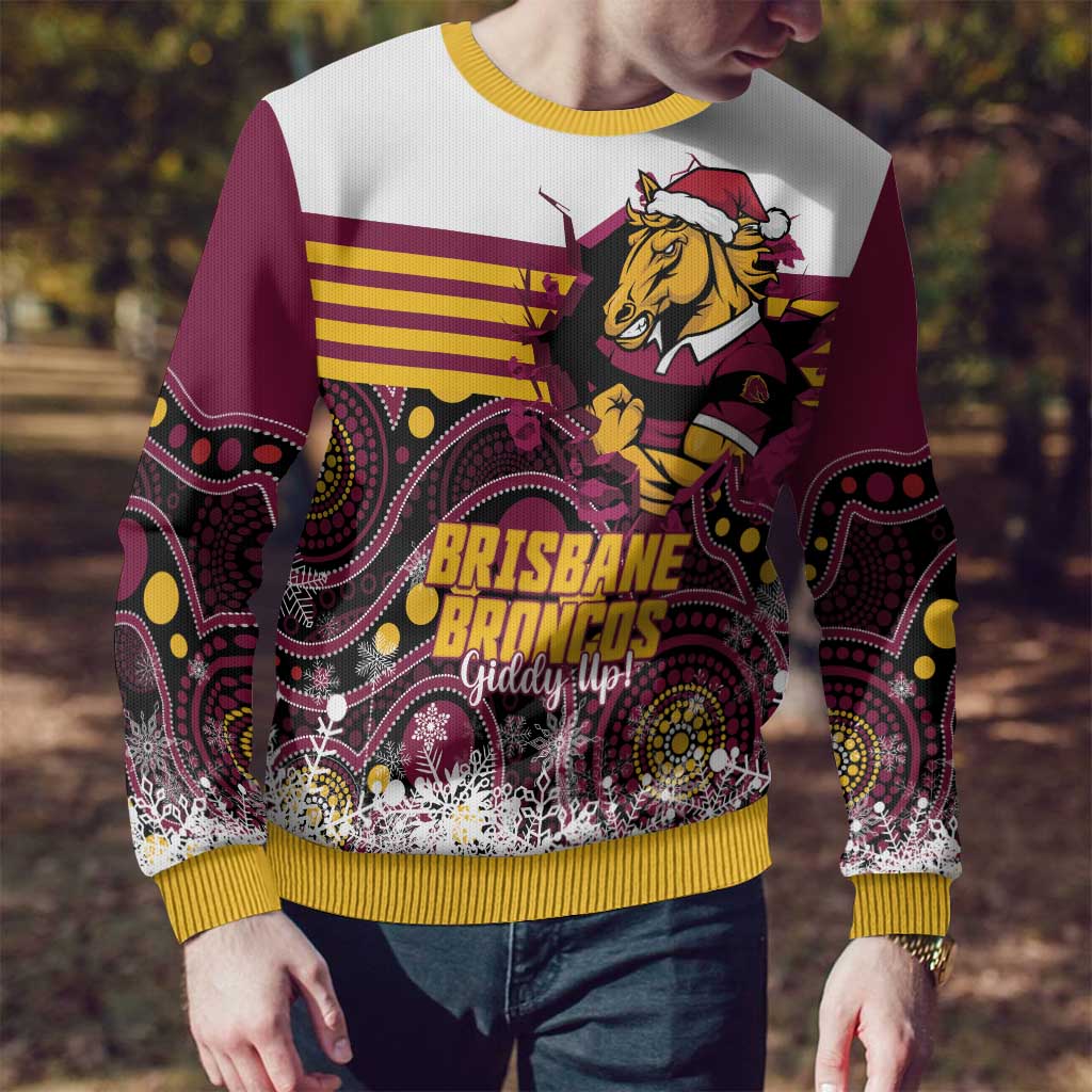 Custom Broncos Rugby Christmas Ugly Christmas Sweater Brisbane Giddy Up Aboriginal Art - Aussie Hoodie