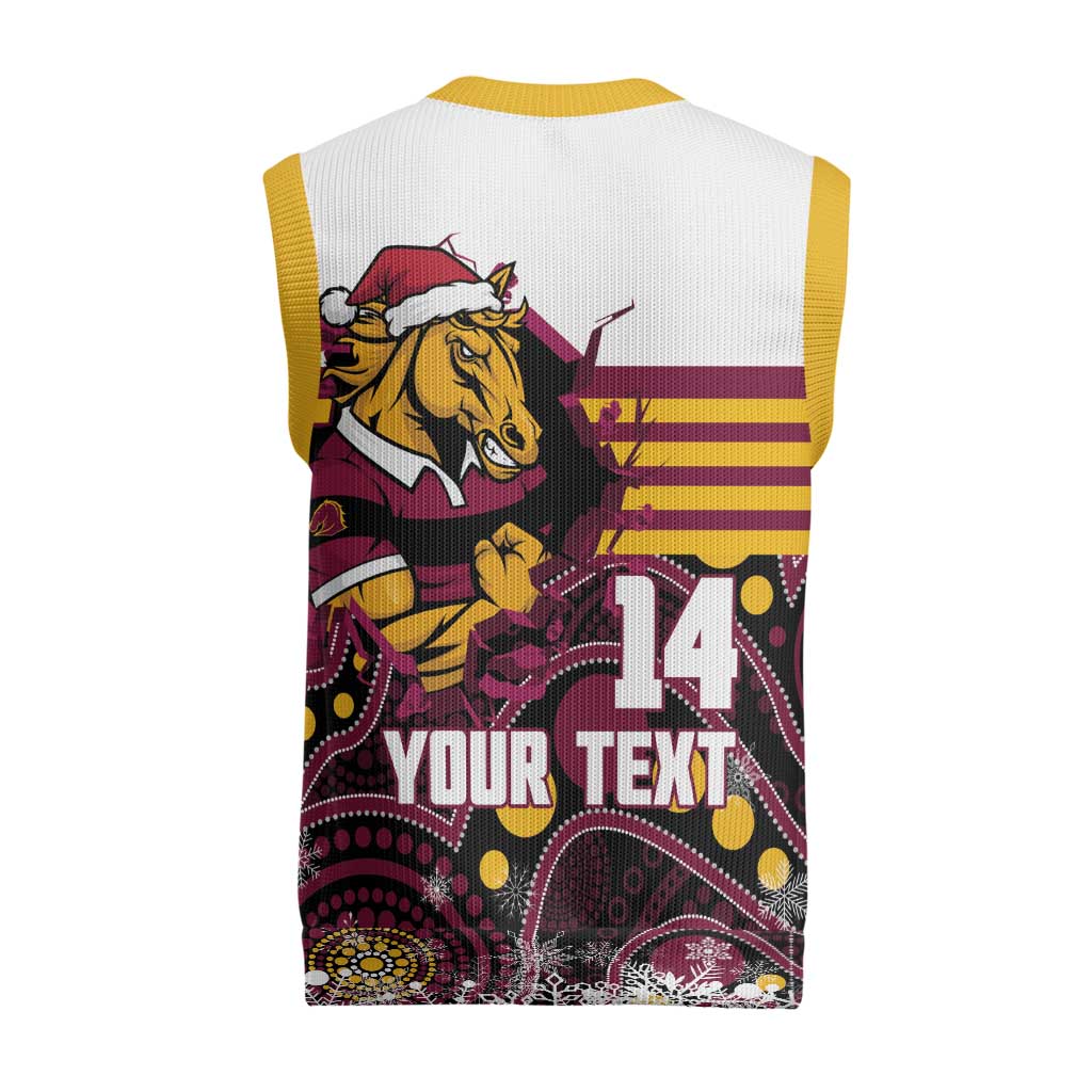 Custom Broncos Rugby Christmas Knitted V-Neck Vest Brisbane Giddy Up Aboriginal Art - Aussie Hoodie