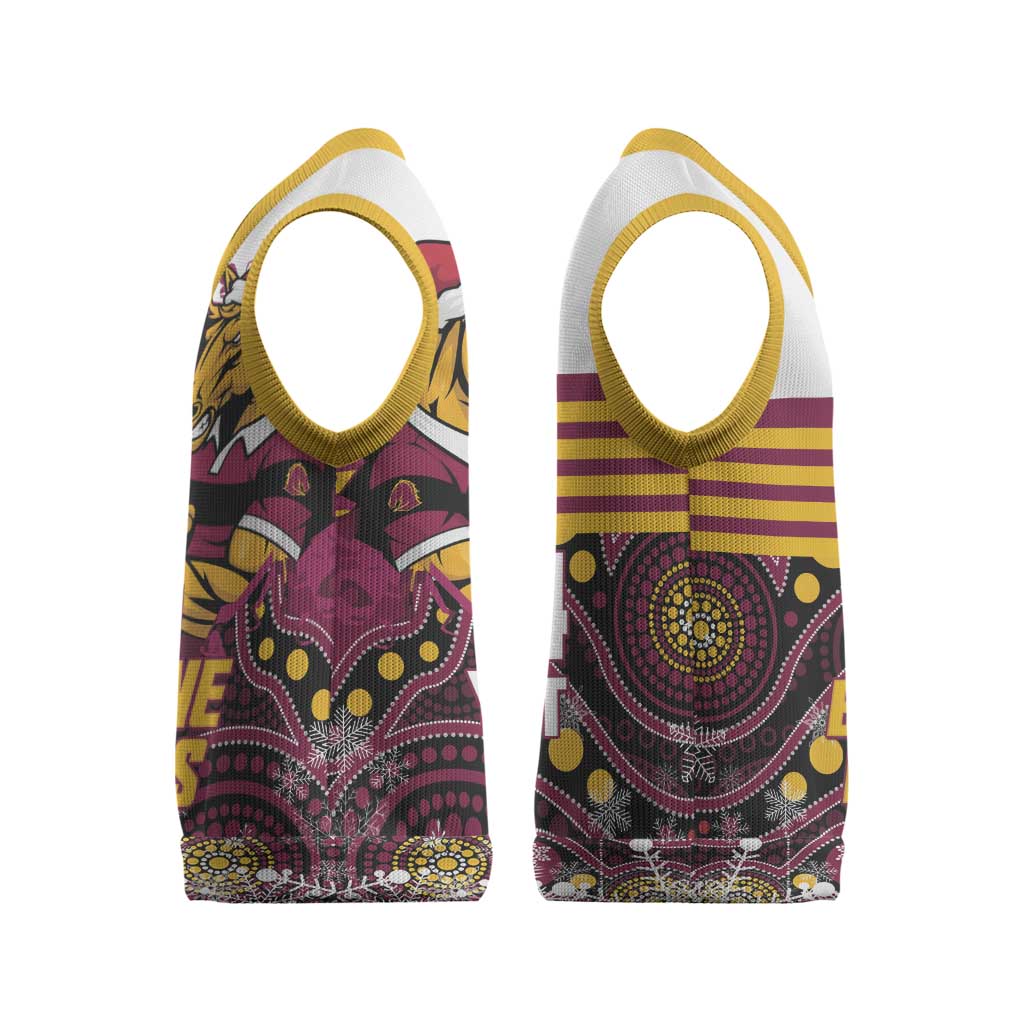 Custom Broncos Rugby Christmas Knitted V-Neck Vest Brisbane Giddy Up Aboriginal Art - Aussie Hoodie