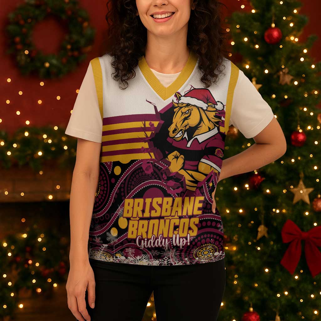 Custom Broncos Rugby Christmas Knitted V-Neck Vest Brisbane Giddy Up Aboriginal Art - Aussie Hoodie