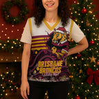 Custom Broncos Rugby Christmas Knitted V-Neck Vest Brisbane Giddy Up Aboriginal Art - Aussie Hoodie