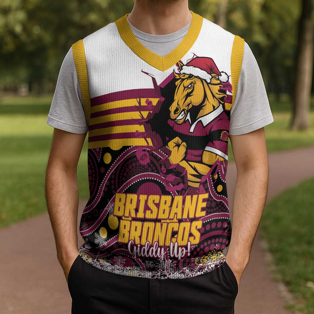 Custom Broncos Rugby Christmas Knitted V-Neck Vest Brisbane Giddy Up Aboriginal Art - Aussie Hoodie
