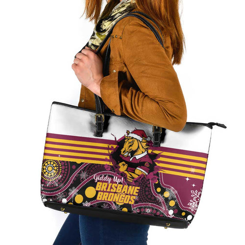 Broncos Rugby Christmas Leather Tote Bag Brisbane Giddy Up Aboriginal Art - Aussie Hoodie