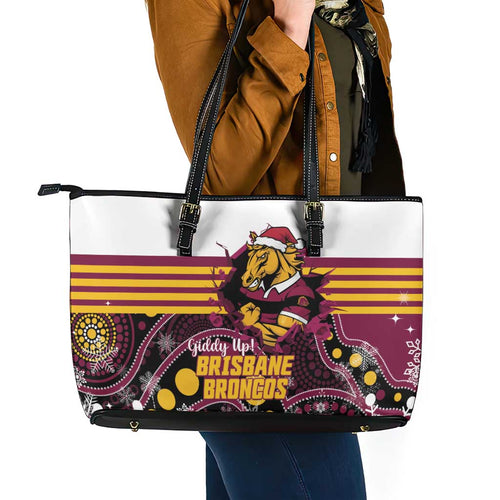 Broncos Rugby Christmas Leather Tote Bag Brisbane Giddy Up Aboriginal Art - Aussie Hoodie