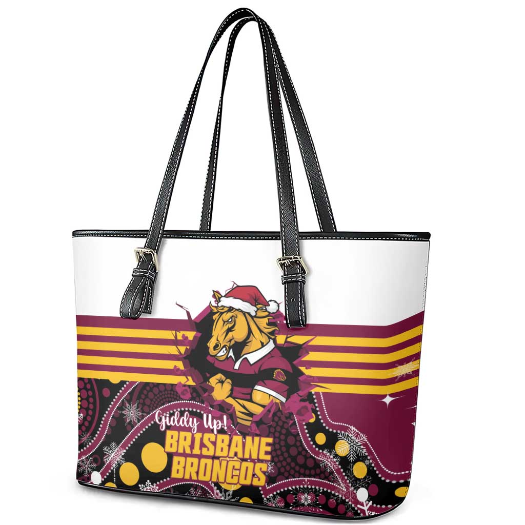 Broncos Rugby Christmas Leather Tote Bag Brisbane Giddy Up Aboriginal Art - Aussie Hoodie