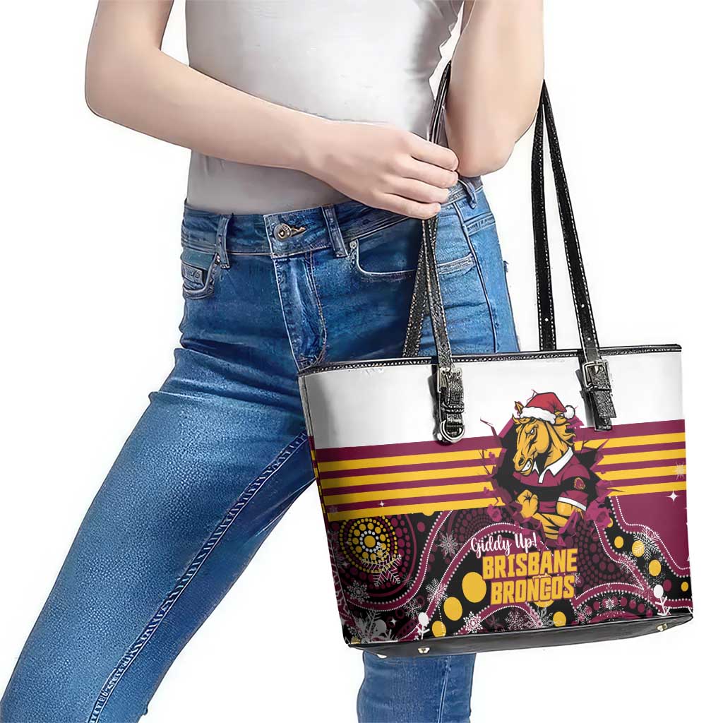 Broncos Rugby Christmas Leather Tote Bag Brisbane Giddy Up Aboriginal Art - Aussie Hoodie
