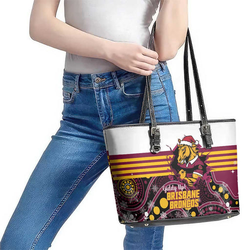 Broncos Rugby Christmas Leather Tote Bag Brisbane Giddy Up Aboriginal Art - Aussie Hoodie