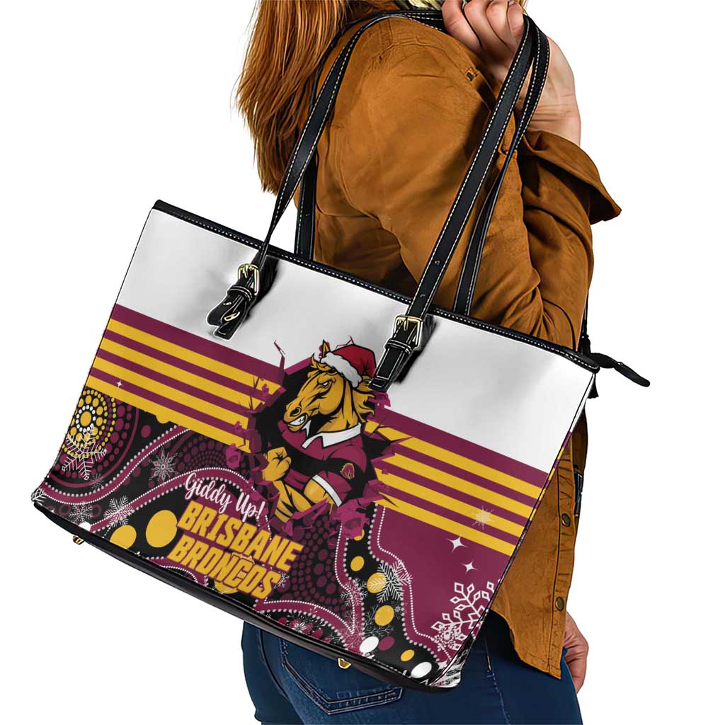 Broncos Rugby Christmas Leather Tote Bag Brisbane Giddy Up Aboriginal Art - Aussie Hoodie