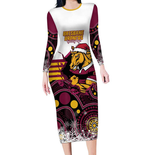 Custom Broncos Rugby Christmas Long Sleeve Bodycon Dress Brisbane Giddy Up Aboriginal Art - Aussie Hoodie