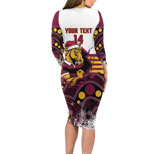 Custom Broncos Rugby Christmas Long Sleeve Bodycon Dress Brisbane Giddy Up Aboriginal Art - Aussie Hoodie