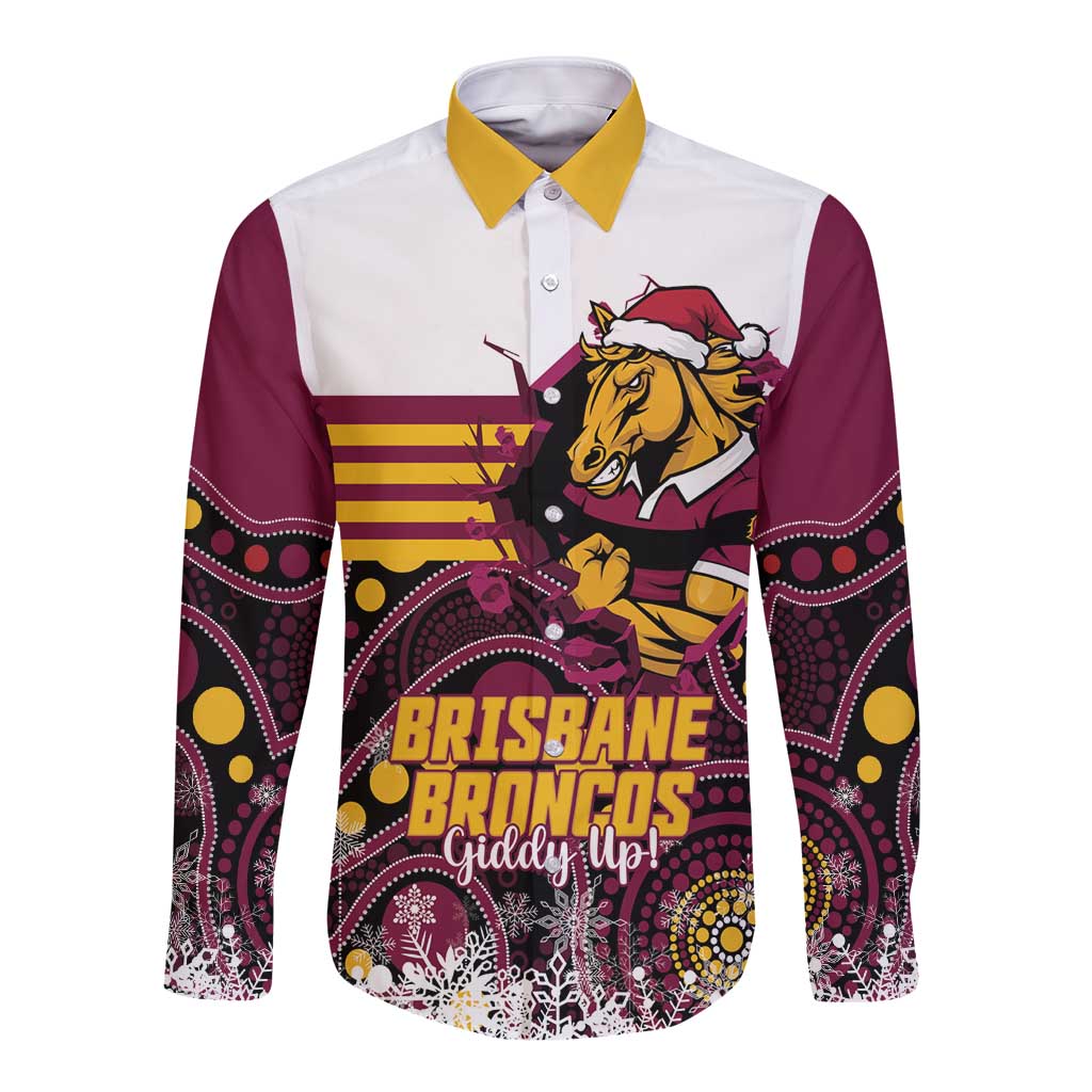 Custom Broncos Rugby Christmas Long Sleeve Button Shirt Brisbane Giddy Up Aboriginal Art - Aussie Hoodie