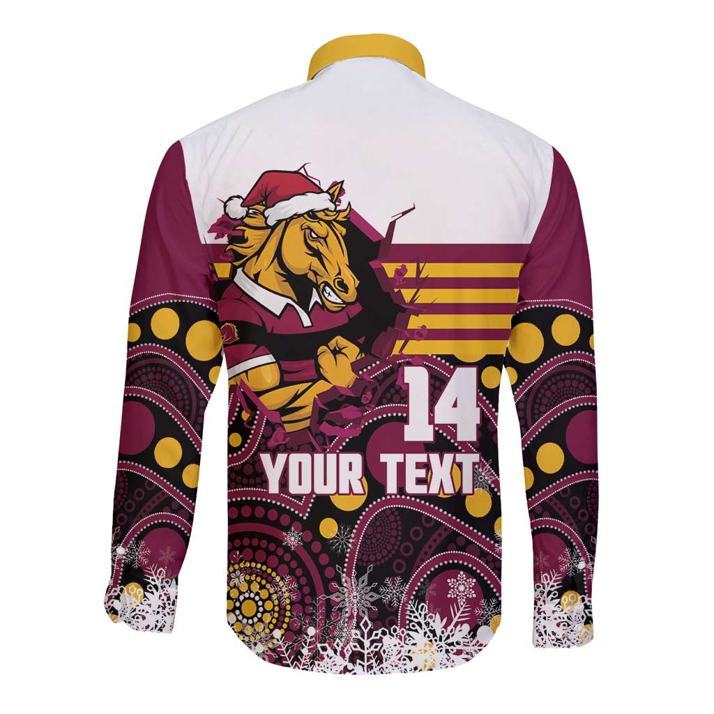 Custom Broncos Rugby Christmas Long Sleeve Button Shirt Brisbane Giddy Up Aboriginal Art - Aussie Hoodie