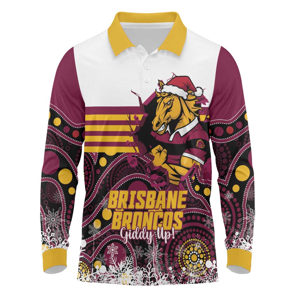 Custom Broncos Rugby Christmas Long Sleeve Polo Shirt Brisbane Giddy Up Aboriginal Art - Aussie Hoodie