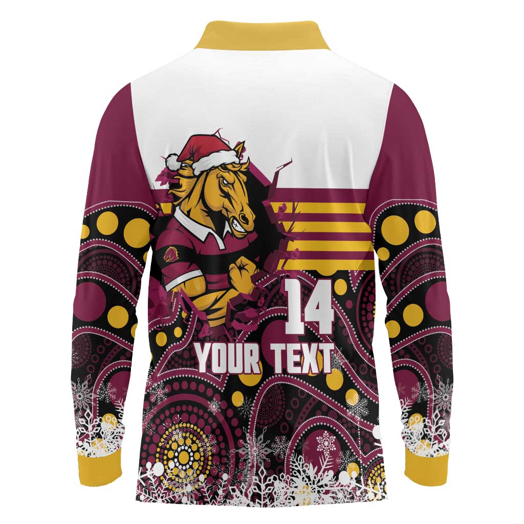 Custom Broncos Rugby Christmas Long Sleeve Polo Shirt Brisbane Giddy Up Aboriginal Art - Aussie Hoodie