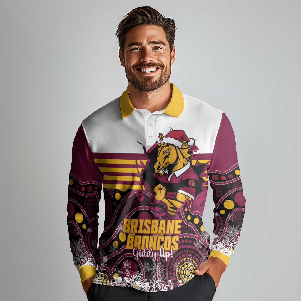 Custom Broncos Rugby Christmas Long Sleeve Polo Shirt Brisbane Giddy Up Aboriginal Art - Aussie Hoodie