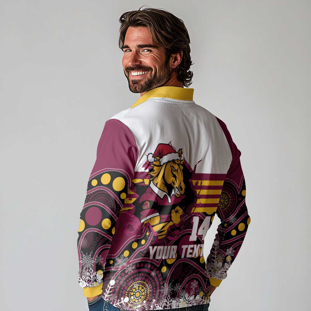Custom Broncos Rugby Christmas Long Sleeve Polo Shirt Brisbane Giddy Up Aboriginal Art - Aussie Hoodie