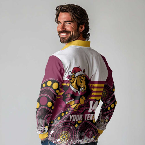 Custom Broncos Rugby Christmas Long Sleeve Polo Shirt Brisbane Giddy Up Aboriginal Art - Aussie Hoodie
