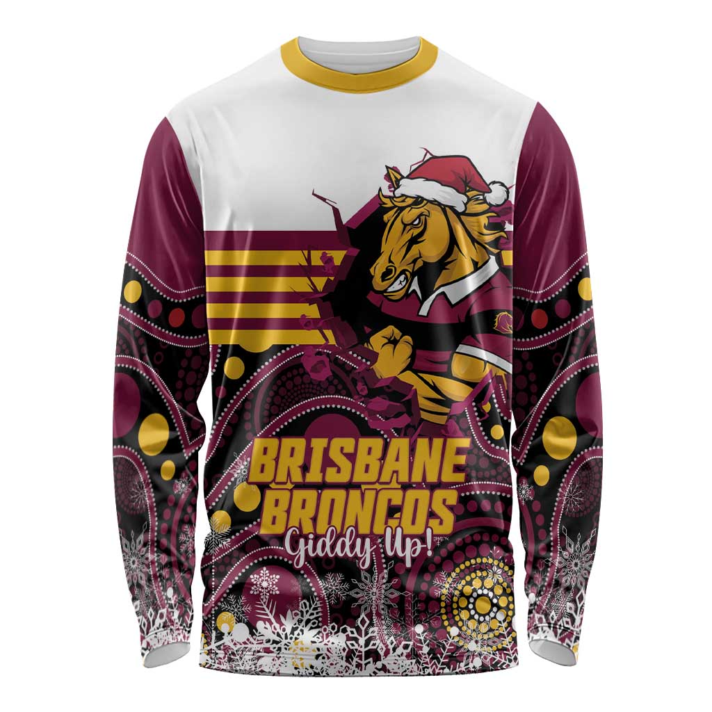 Custom Broncos Rugby Christmas Long Sleeve Shirt Brisbane Giddy Up Aboriginal Art - Aussie Hoodie