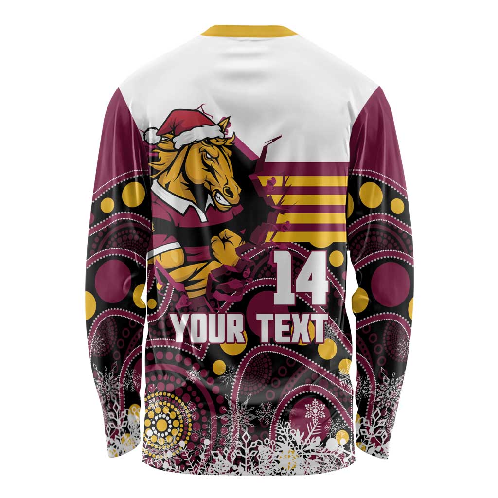 Custom Broncos Rugby Christmas Long Sleeve Shirt Brisbane Giddy Up Aboriginal Art - Aussie Hoodie