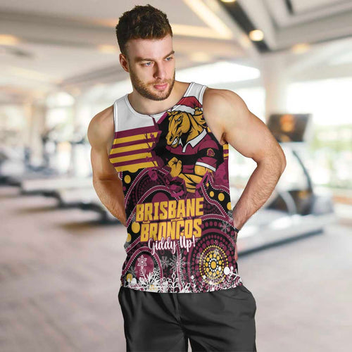 Custom Broncos Rugby Christmas Men Tank Top Brisbane Giddy Up Aboriginal Art - Aussie Hoodie
