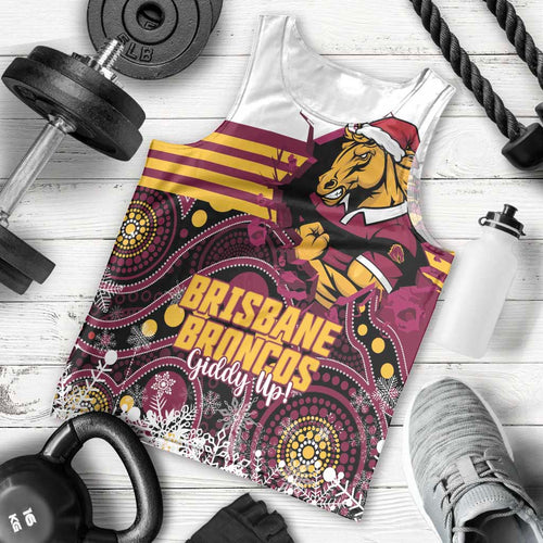 Custom Broncos Rugby Christmas Men Tank Top Brisbane Giddy Up Aboriginal Art - Aussie Hoodie