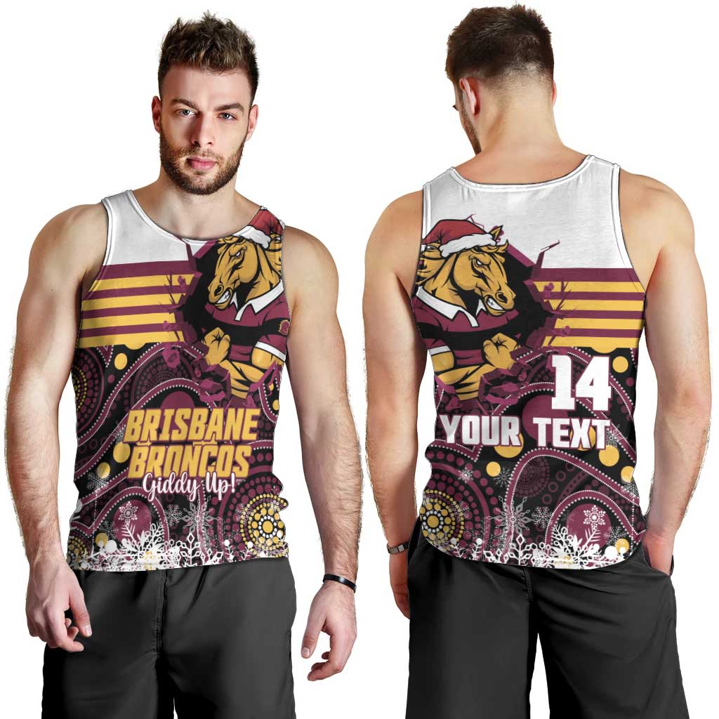 Custom Broncos Rugby Christmas Men Tank Top Brisbane Giddy Up Aboriginal Art - Aussie Hoodie