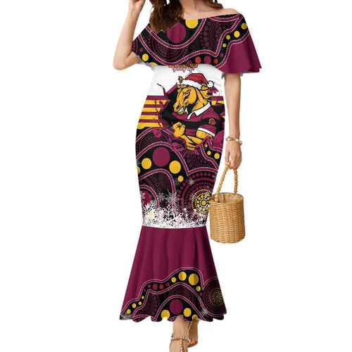 Custom Broncos Rugby Christmas Mermaid Dress Brisbane Giddy Up Aboriginal Art - Aussie Hoodie