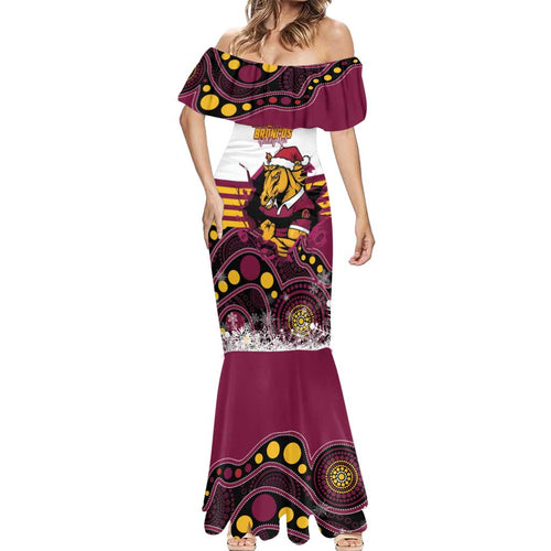 Custom Broncos Rugby Christmas Mermaid Dress Brisbane Giddy Up Aboriginal Art - Aussie Hoodie