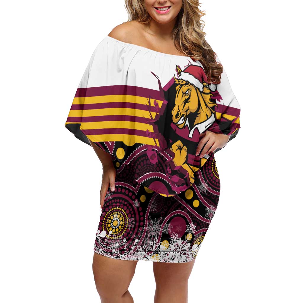 Custom Broncos Rugby Christmas Off Shoulder Short Dress Brisbane Giddy Up Aboriginal Art - Aussie Hoodie