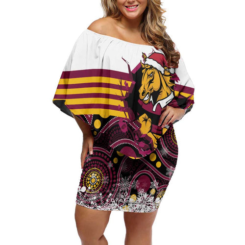 Custom Broncos Rugby Christmas Off Shoulder Short Dress Brisbane Giddy Up Aboriginal Art - Aussie Hoodie