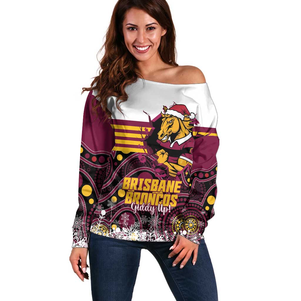 Custom Broncos Rugby Christmas Off Shoulder Sweater Brisbane Giddy Up Aboriginal Art - Aussie Hoodie