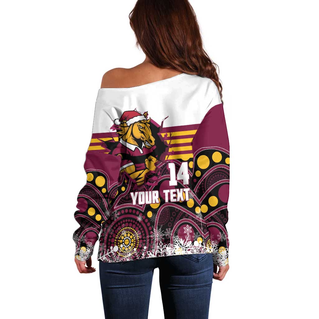 Custom Broncos Rugby Christmas Off Shoulder Sweater Brisbane Giddy Up Aboriginal Art - Aussie Hoodie