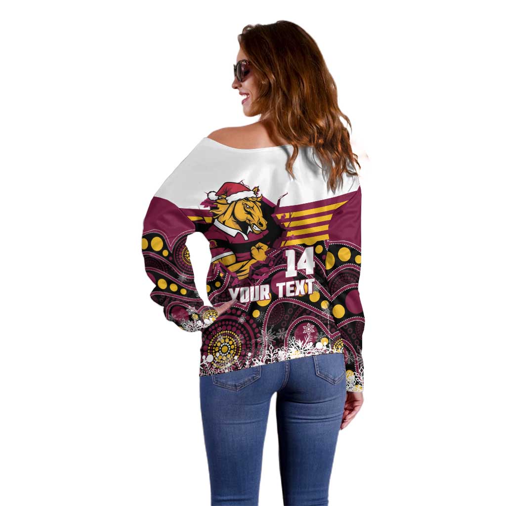 Custom Broncos Rugby Christmas Off Shoulder Sweater Brisbane Giddy Up Aboriginal Art - Aussie Hoodie