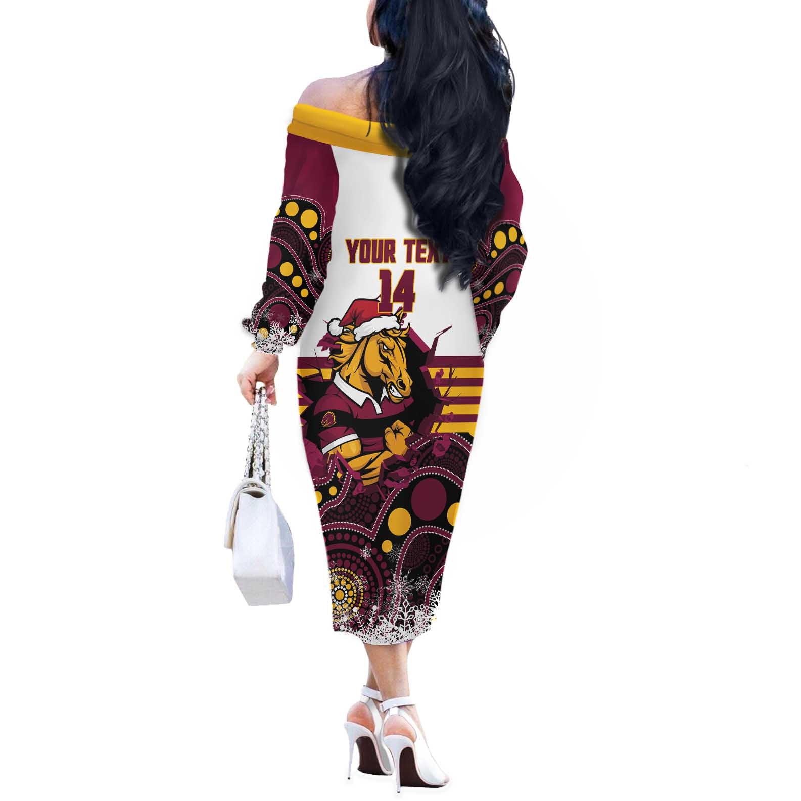 Custom Broncos Rugby Christmas Off The Shoulder Long Sleeve Dress Brisbane Giddy Up Aboriginal Art - Aussie Hoodie