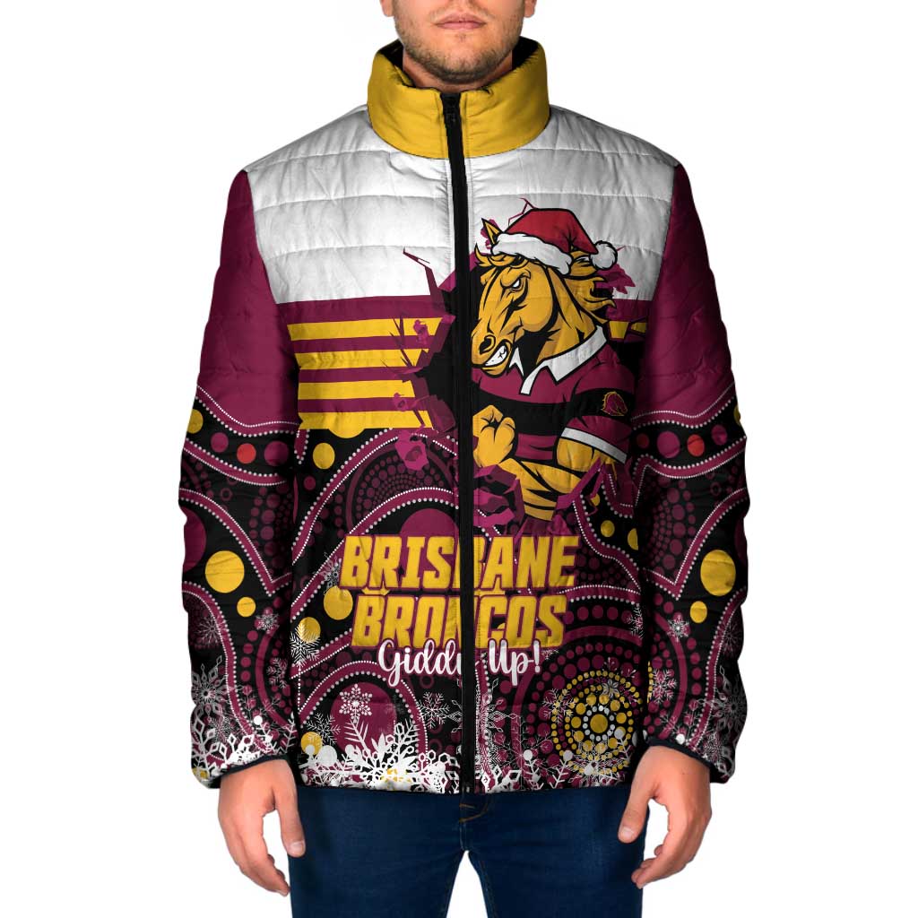 Custom Broncos Rugby Christmas Padded Jacket Brisbane Giddy Up Aboriginal Art - Aussie Hoodie