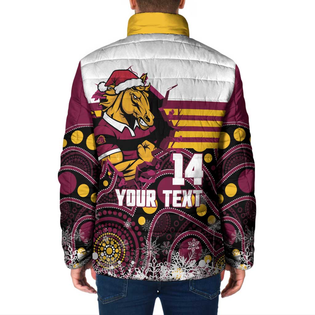 Custom Broncos Rugby Christmas Padded Jacket Brisbane Giddy Up Aboriginal Art - Aussie Hoodie