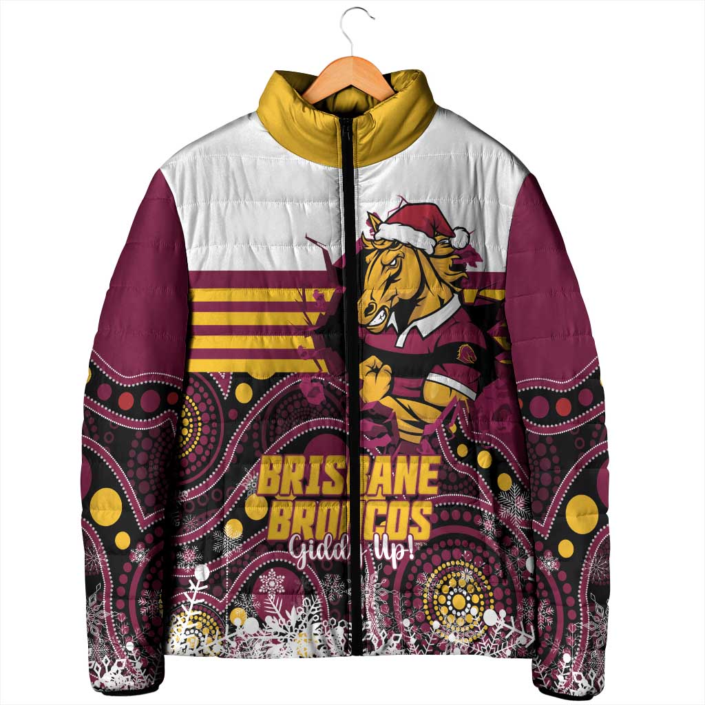 Custom Broncos Rugby Christmas Padded Jacket Brisbane Giddy Up Aboriginal Art - Aussie Hoodie