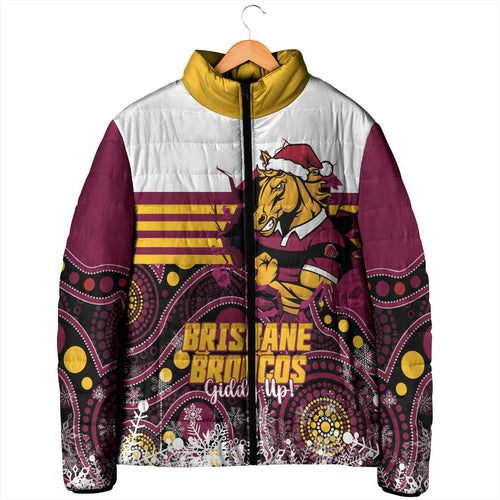 Custom Broncos Rugby Christmas Padded Jacket Brisbane Giddy Up Aboriginal Art - Aussie Hoodie