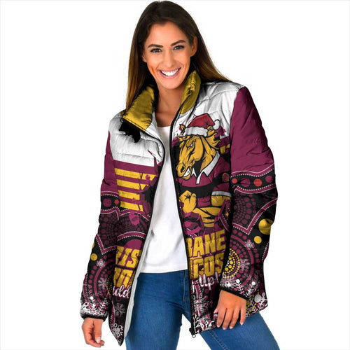 Custom Broncos Rugby Christmas Padded Jacket Brisbane Giddy Up Aboriginal Art - Aussie Hoodie