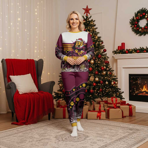 Custom Broncos Rugby Christmas Pajama Set Brisbane Giddy Up Aboriginal Art - Aussie Hoodie
