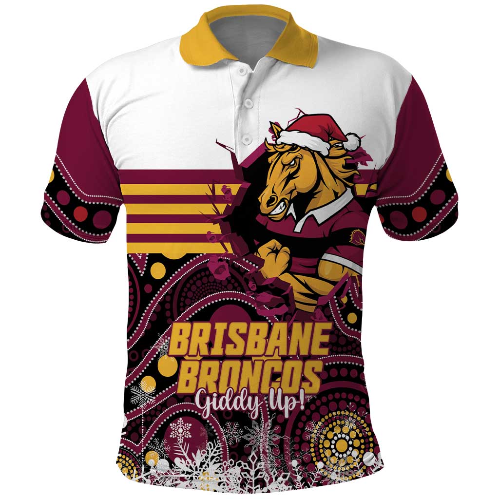 Custom Broncos Rugby Christmas Polo Shirt Brisbane Giddy Up Aboriginal Art - Aussie Hoodie