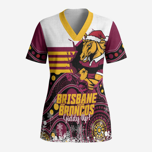Custom Broncos Rugby Christmas Scrub Top Brisbane Giddy Up Aboriginal Art - Aussie Hoodie