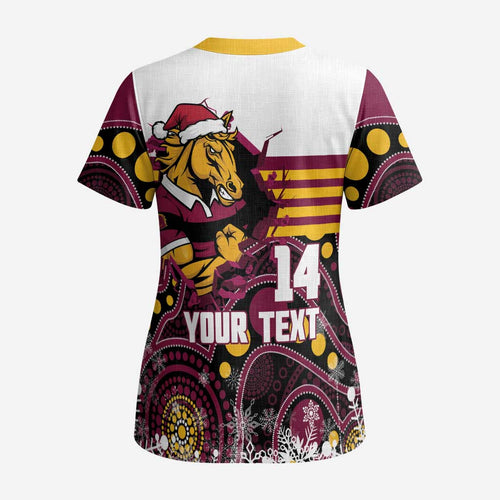 Custom Broncos Rugby Christmas Scrub Top Brisbane Giddy Up Aboriginal Art - Aussie Hoodie