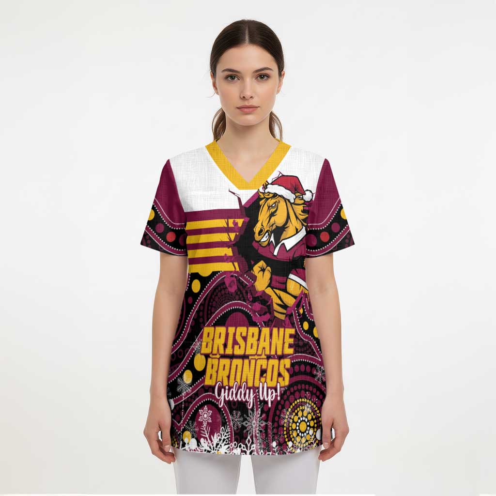 Custom Broncos Rugby Christmas Scrub Top Brisbane Giddy Up Aboriginal Art - Aussie Hoodie