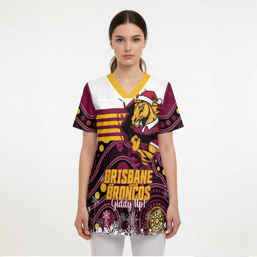 Custom Broncos Rugby Christmas Scrub Top Brisbane Giddy Up Aboriginal Art - Aussie Hoodie
