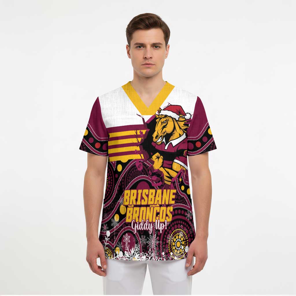 Custom Broncos Rugby Christmas Scrub Top Brisbane Giddy Up Aboriginal Art - Aussie Hoodie