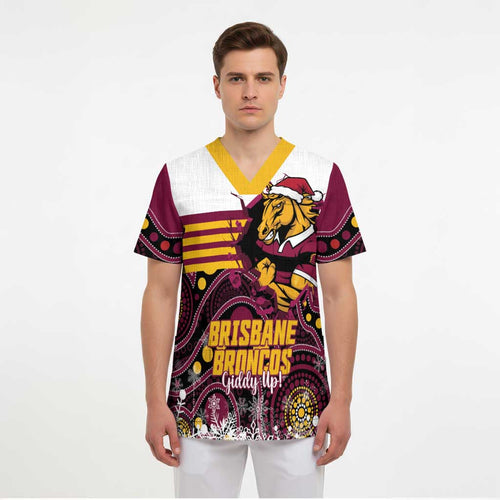 Custom Broncos Rugby Christmas Scrub Top Brisbane Giddy Up Aboriginal Art - Aussie Hoodie