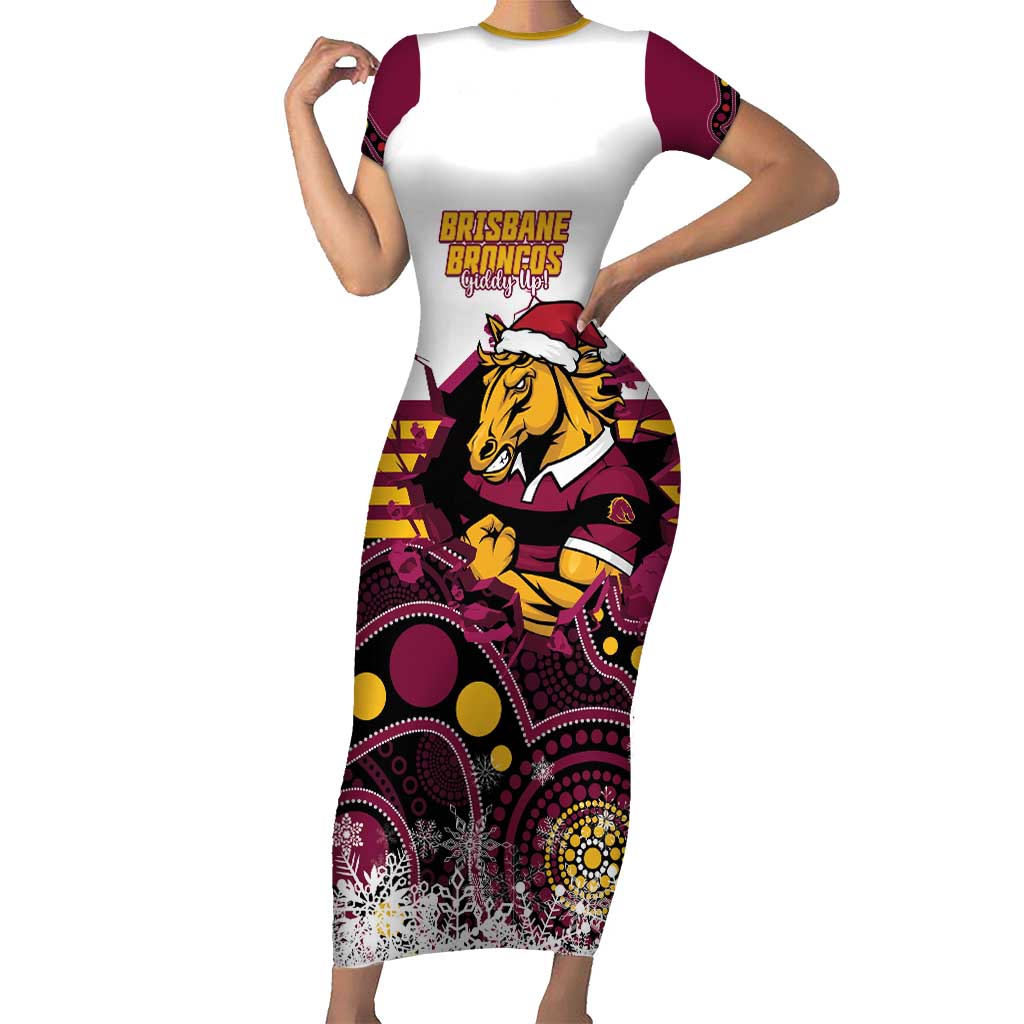 Custom Broncos Rugby Christmas Short Sleeve Bodycon Dress Brisbane Giddy Up Aboriginal Art - Aussie Hoodie
